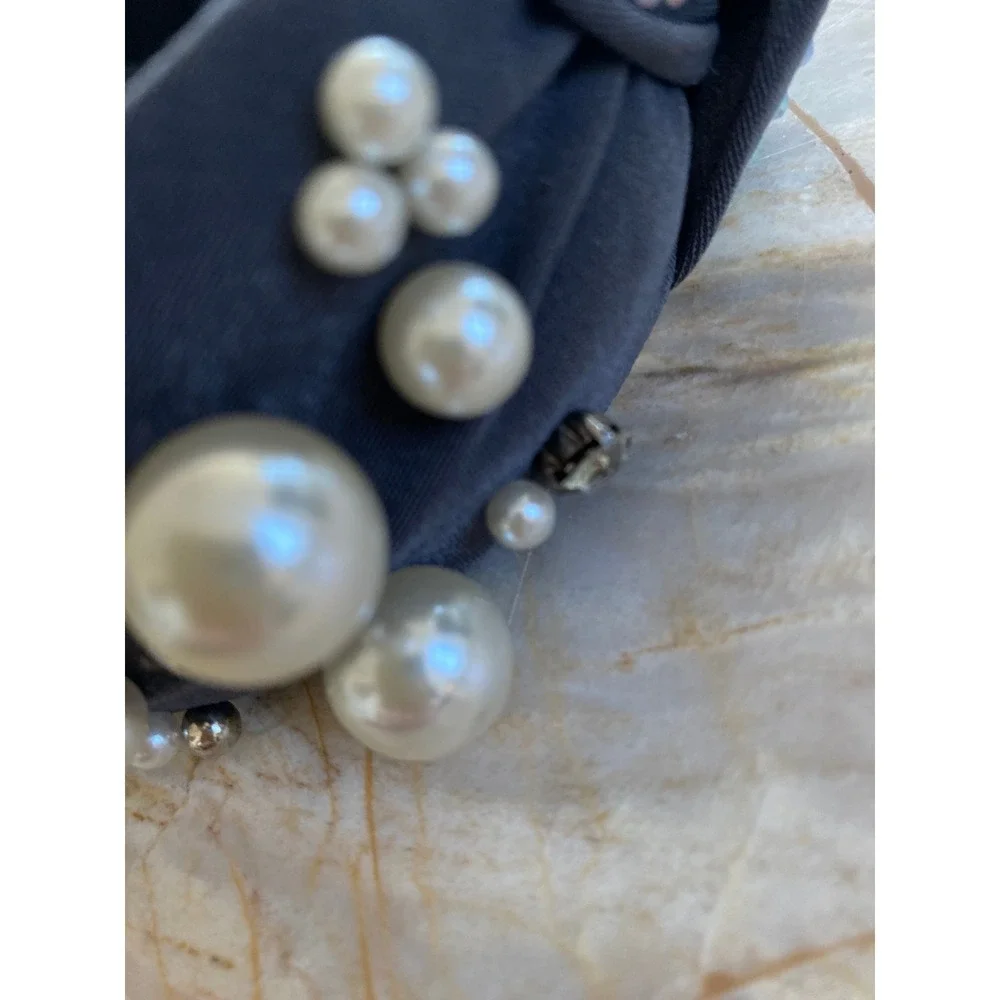 Charcoal Gray Knotted Headband with Faux Pearls Crystals and AB Rhinestones